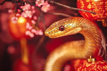 Obraz premium A coiled golden snake, decorated with red patterns, surrounded by traditional Chinese lanterns and blooming cherry blossoms, symbolizing prosperity and harmony for the Chinese New Year 2025