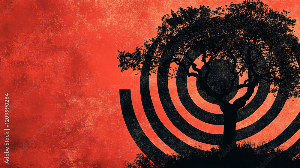 Poster tree silhouette against a vibrant red background creating a striking contrast in nature