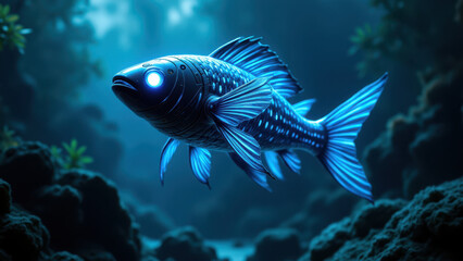 Fototapeta premium A digital rendering of an AI-generated fish swimming underwater.
