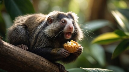 A monkey enjoying a small treat while perched on a branch in a lush environment.
