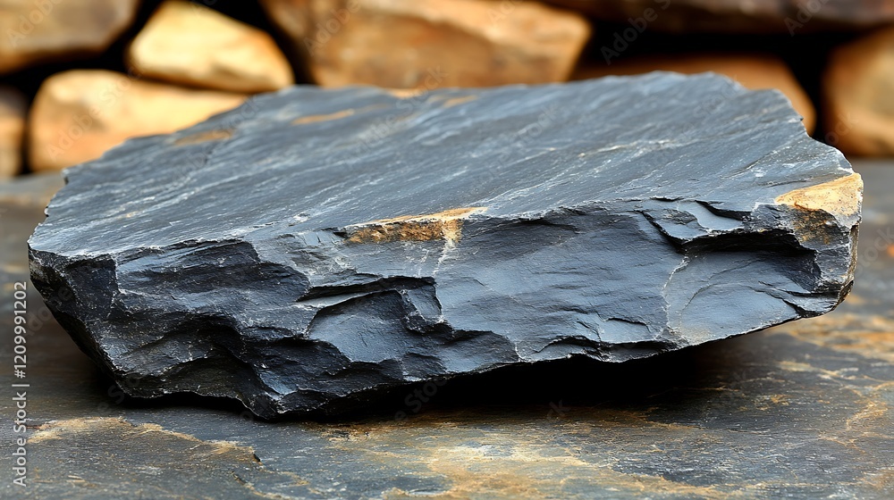 Poster black slate texture: a close-up shot of a rugged, dark gray slate rock, revealing its distinctive la