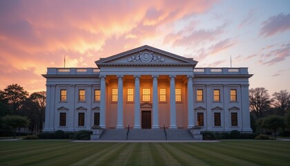 Obraz premium Neoclassical Government Building at Sunset: Illuminated Facade, Columns, Law, Architecture, Pink Sky, Evening