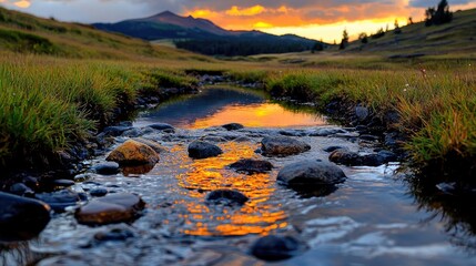 Obraz premium Scenic mountain stream flowing through a grassy alpine meadow at sunset with golden light reflecting on the water.