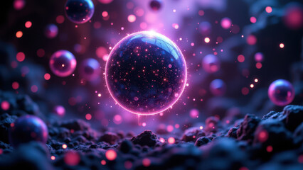 Sci-fi digital art featuring an AI sphere amidst space bubbles.