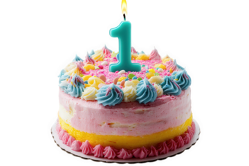 colorful birthday cake designed for a first birthday celebration the cake is layered with pink and yellow frosting. adorned with blue and white swirls. and topped with a large blue number one candle i