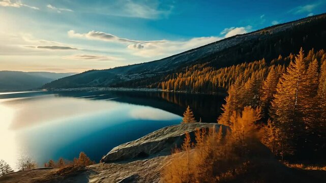 Aerial view on a large lake in valley with autumn orange forest at sunny day