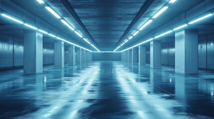 Futuristic, empty car garage, long LED lights embedded in the floor creating pools of light across the space