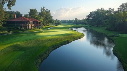 Fototapeta premium Sunrise golf course clubhouse, tranquil pond, green fairways, luxury resort