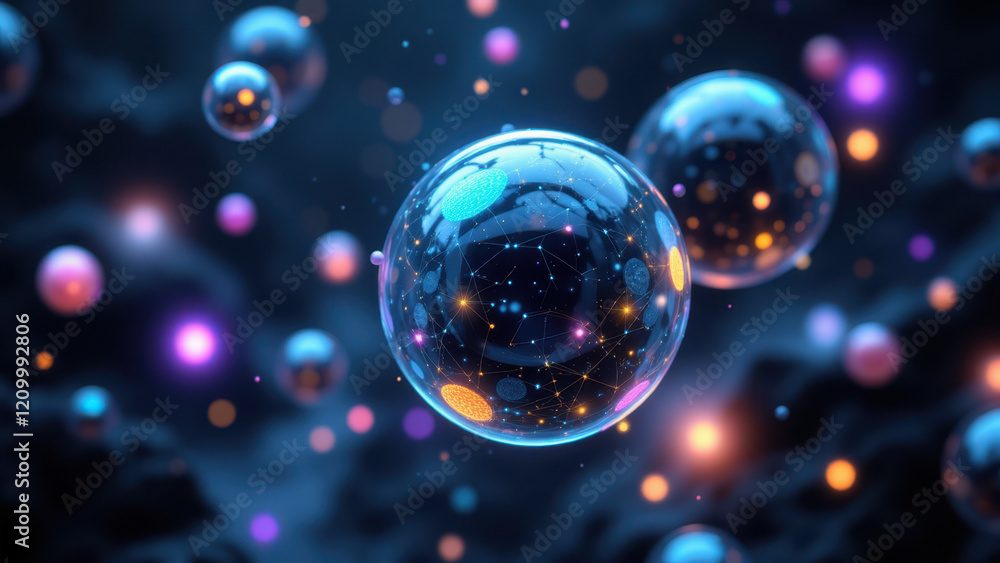 Poster futuristic ai-themed bubbles floating on a dark background.