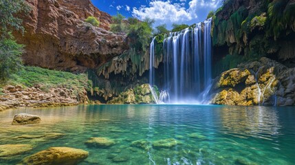 Naklejka premium A majestic waterfall cascading down a jagged cliff face into a crystal-clear pool below.