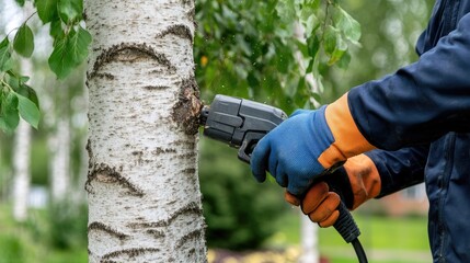 Naklejka premium Close-up of hands using an electric tree pruner on a white birch trunk surrounded by green foliage in a garden setting