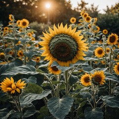 Fototapeta premium A lush garden with a giant sunflower-like plant that has golden leaves and crystalized petals.