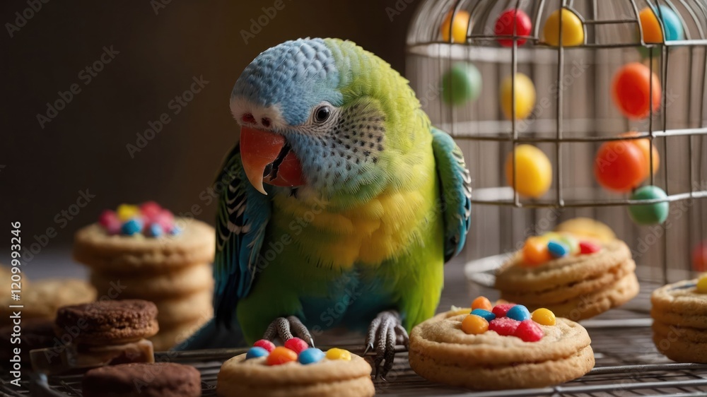 Poster a colorful parakeet surrounded by cookies and candies, creating a playful scene.