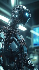 Fototapeta premium Futuristic robot with intricate wiring and glowing features in a high-tech environment