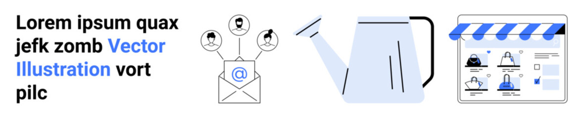 Email with social media icons, watering can symbolizing growth, and online store layout on tablet. Ideal for online marketing, email campaigns, growth strategy, social media, e-commerce, business