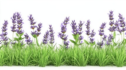 Naklejka premium Lavender Flowers in Bloom with Green Grass on a White Background