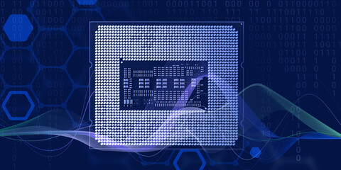 A microprocessor overlaid with binary code and digital graphics, representing data processing and...