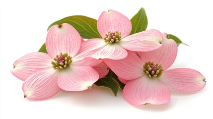 Delicate Pink Dogwood Flowers with Green Leaves on White Background