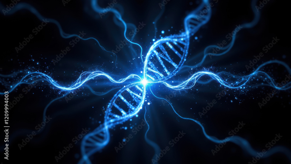 Poster a stylized digital artwork featuring a double helix dna structure with energy emanating from its cen