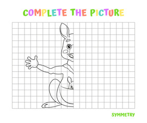 Fototapeta premium Complete the Kangaroo Picture - Symmetry Drawing Activity for Kids. Vector Illustration