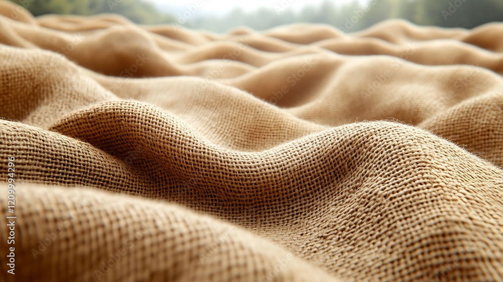 Poster textured burlap fabric: close-up view of natural burlap fabric with a textured, undulating surface. 