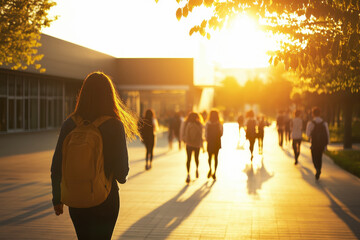 Sunset over a vocational school campus, warm and soft sunlight illuminating the scene. Students are walking away