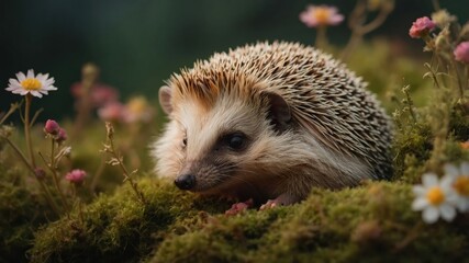 Naklejka premium A hedgehog resting on moss surrounded by flowers in a serene natural setting.