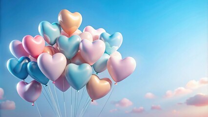 A cluster of pastel heart-shaped balloons floats gently against a serene blue sky, creating a delightful and romantic scene.