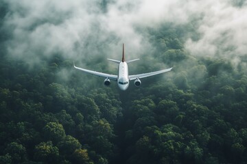 A passenger jet flies at a low altitude just above a dense forest, blending the marvels of aviation with the tranquility of nature. The clear sky enhances the scene’s beauty