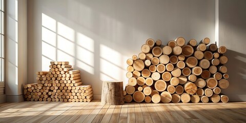 Sunlit Room Interior with Stacked Wood Logs and Wooden Stump