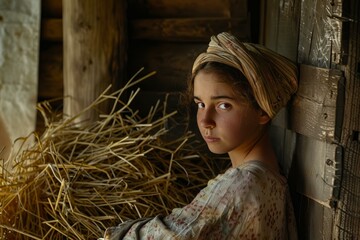 Portrait of a young peasant girl wearing a headscarf, posing near hay in a barn