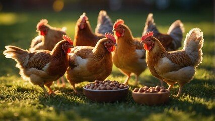 Fototapeta premium A group of chickens gathered around bowls of food on a grassy area.
