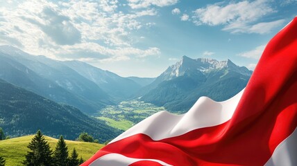 Scenic mountain landscape with red and white flag in foreground
