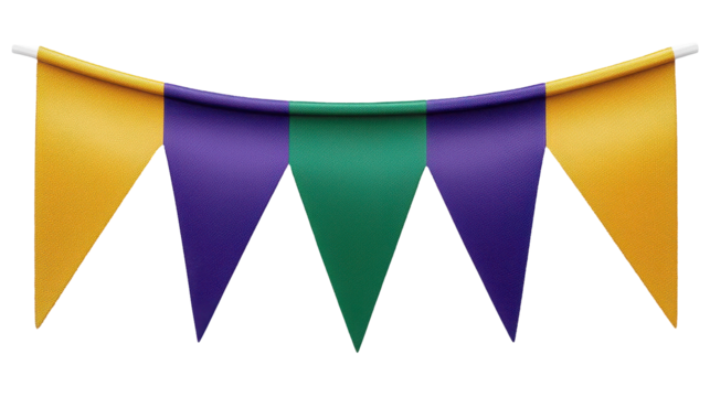 Colorful party decoration with purple, green, and yellow flags