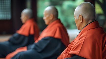 Three Buddhist Monks Meditating Together in Temple Wearing Traditional Red Robes : Generative AI
