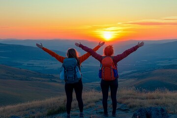 Fototapeta premium Catch the sunset as two friends embrace the beauty of nature on a mountain peak