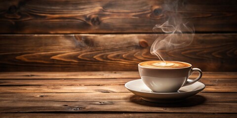 Obraz premium Aromatic Coffee in a White Cup on Rustic Wooden Table