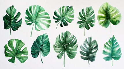 Vibrant Green Tropical Leaves Watercolor Art Illustrations Set