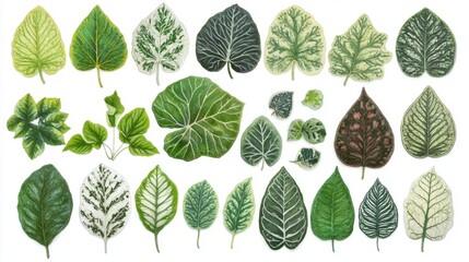 Collection of Various Green Leaves in Detailed Botanical Illustration
