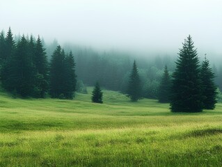 Fototapeta premium Foggy landscape with coniferous forest and green meadow