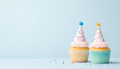 Two colorful cupcakes with festive hats and sprinkles on a light blue background