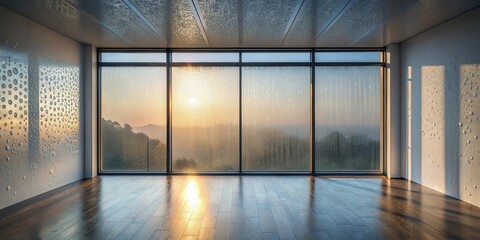 Fototapeta premium Serene sunrise view through rain-streaked window in minimalist room with textured walls