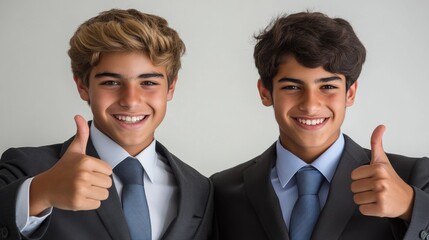 Two Confident Teenage Boys in Suits Giving Thumbs Up Smiles