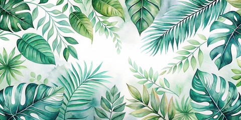 Lush Greenery A Vibrant Watercolor Collection of Tropical Foliage and Exotic Leaves with a White Background