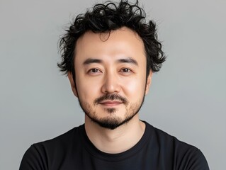 Fototapeta premium Portrait of a handsome asian man with beard and mustache on grey background