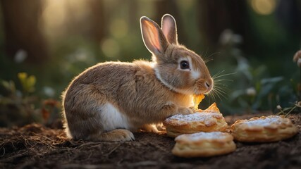 Fototapeta premium A cute rabbit nibbling on pastries in a sunlit forest setting.