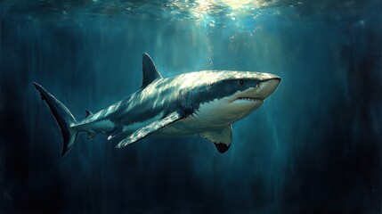 Fototapeta premium Majestic great white shark swimming in ocean depths, sunlit beams background, marine wildlife art
