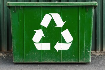 Large green recycling bin featuring the white recycling symbol, placed outdoors as part of waste management efforts.