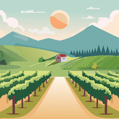 Vineyard landscape vector illustration. Agricultural fields for growing grapes and winemaking.