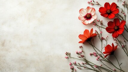 Red and pink flowers on textured white background